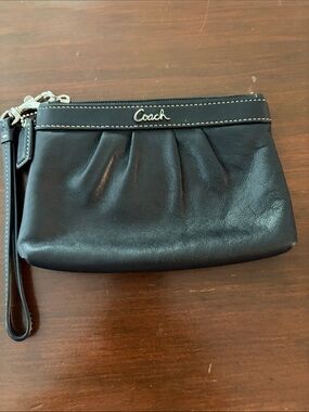 Coach Black Leather Pleated Wristlet with Silver Tone Logo
